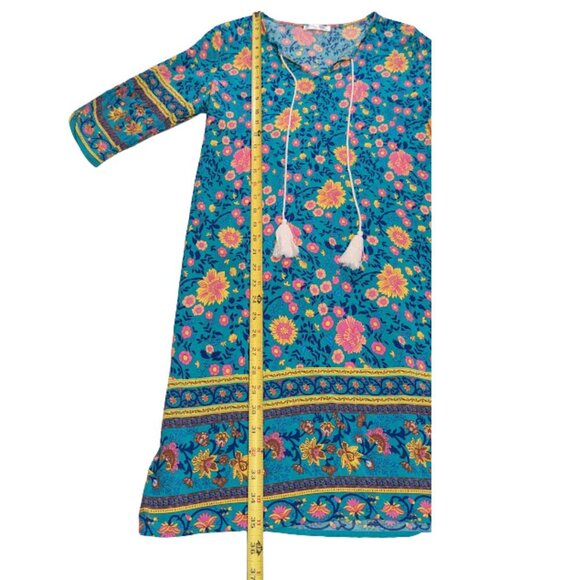 Halife Floral Boho Tassel Dress Size M – Blue Multicolor Tunic Shift - Picture 8 of 13